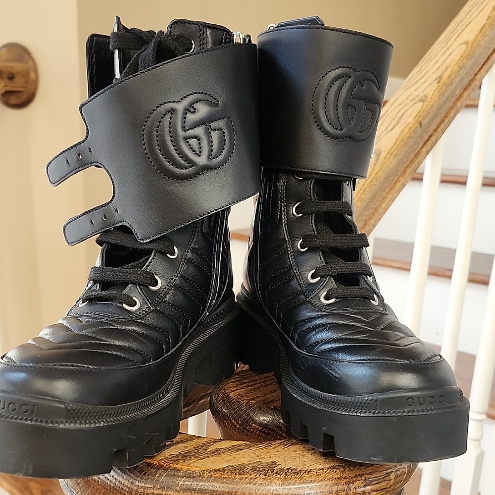 Gucci Black Leather Combat Boots